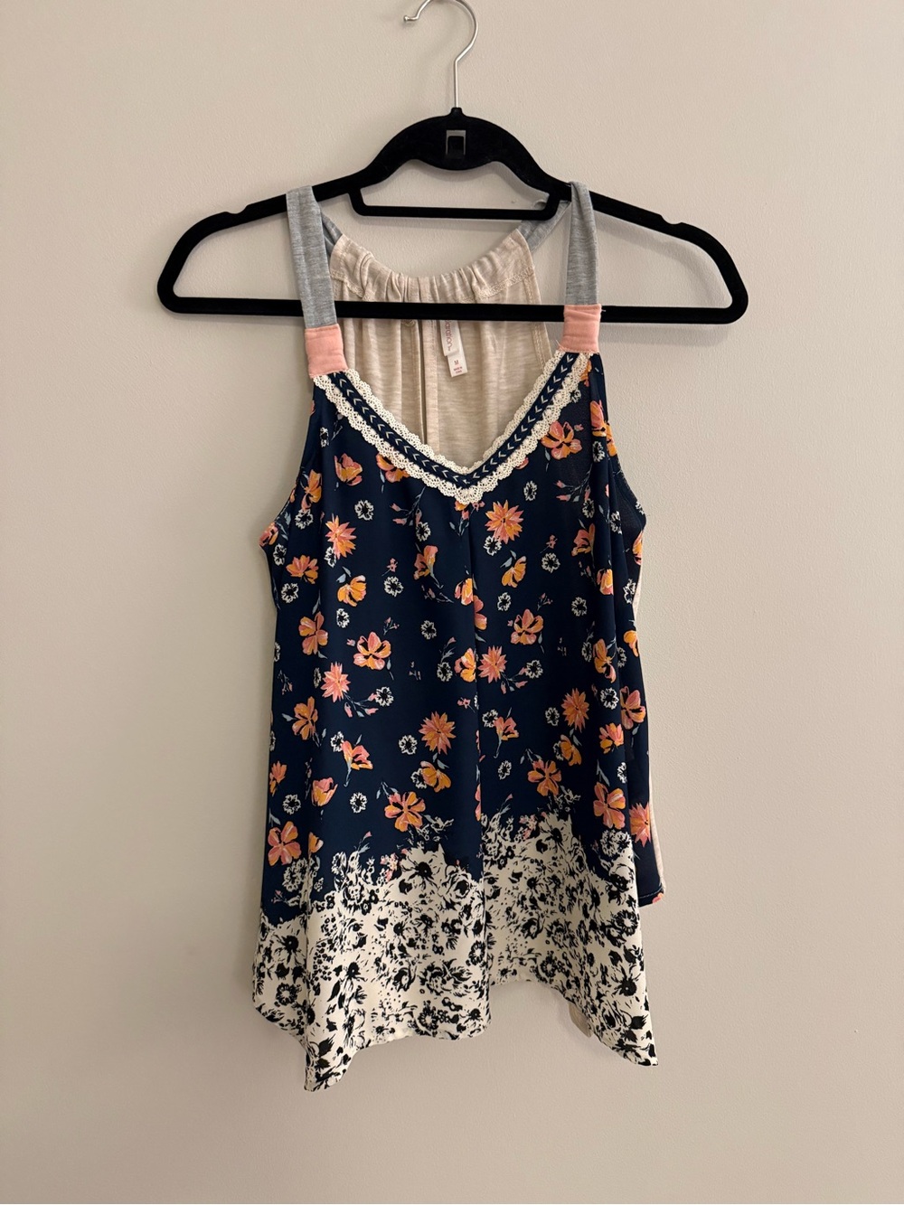 Xhilaration Navy Floral Lace-Trim Cami with Peach and Cream Accents